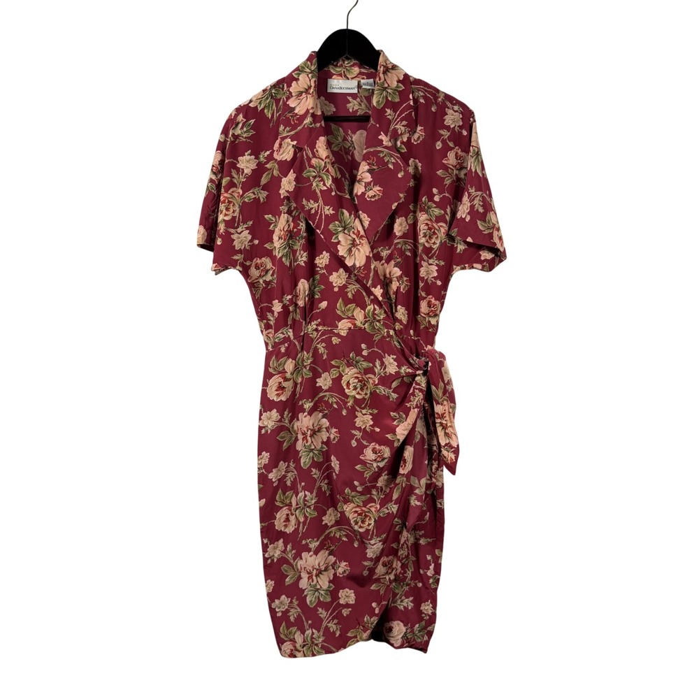 Dana Buchman Vintage Silk Wrap Dress Burgundy Floral Short Sleeve Notched 8